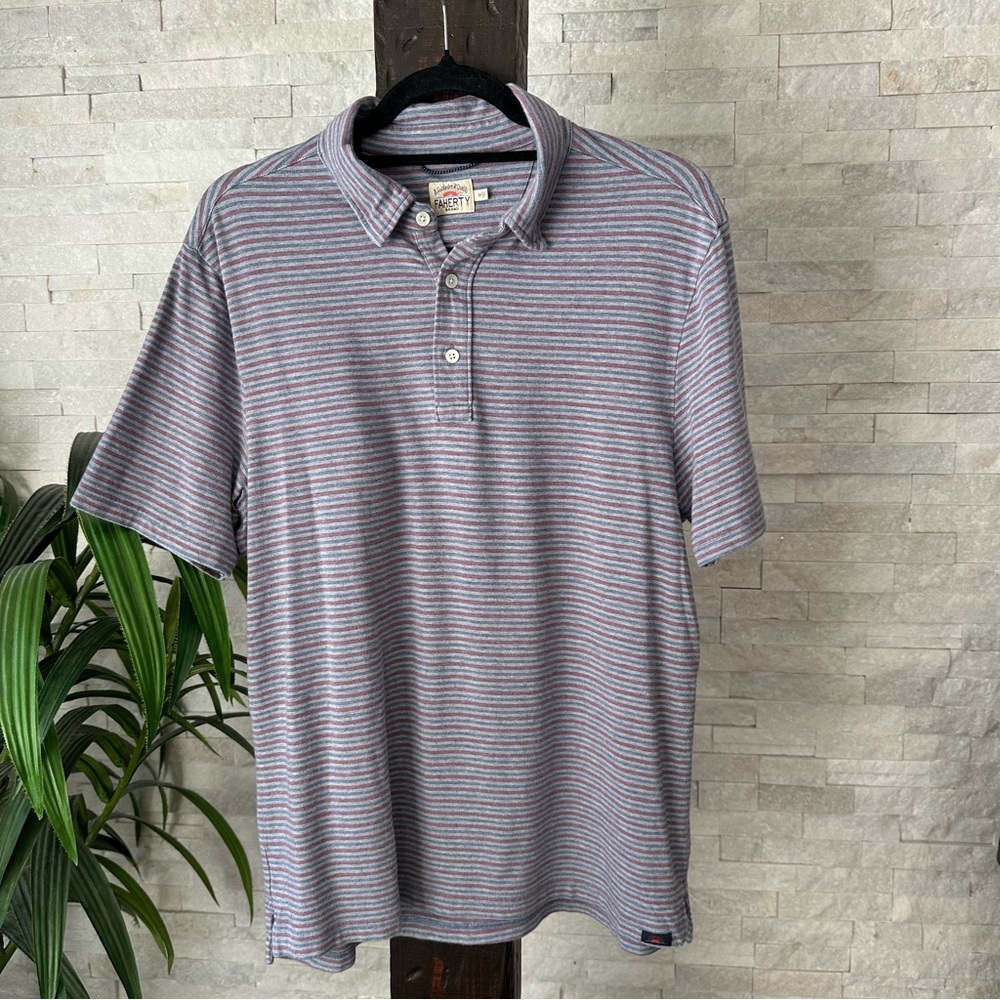 FAHERTY Stripe Grey, Blue, Red Soft Polo Shirt Size M